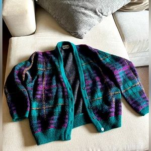 Purple and Blue Plaid Cardigan Button Sweater